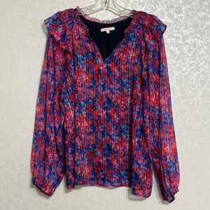 Skies Are Blue Watercolor Floral Print Ruffle Long Sleeve V-neck Blouse Top Sz L